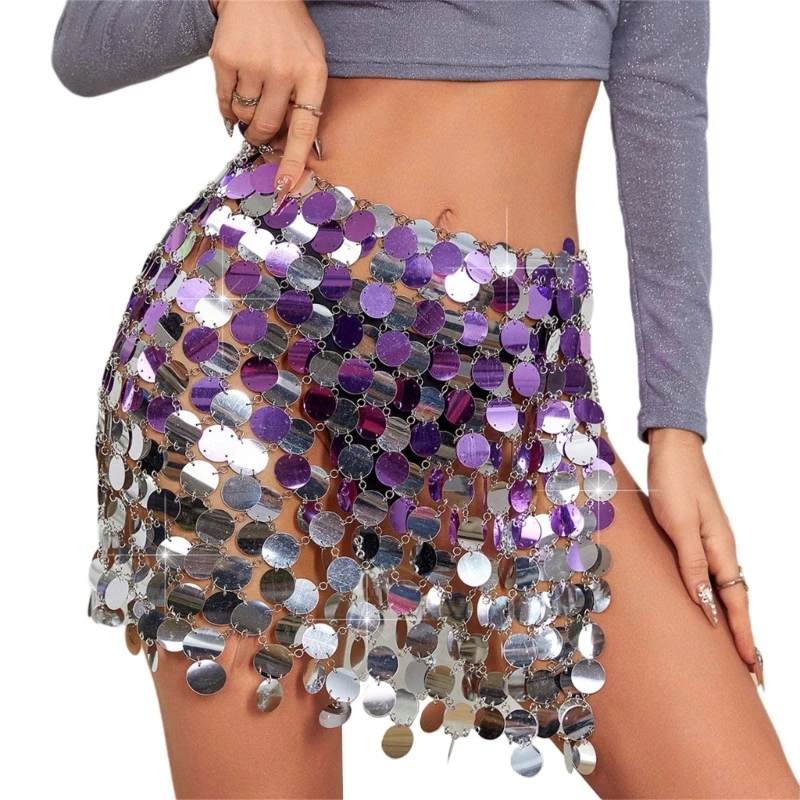 

Women Colorblock Layered Sequins Short Skirt Body Jewelry Sexy Hollowed Out Waist Chain Hip Scarf Festival Party Outfit