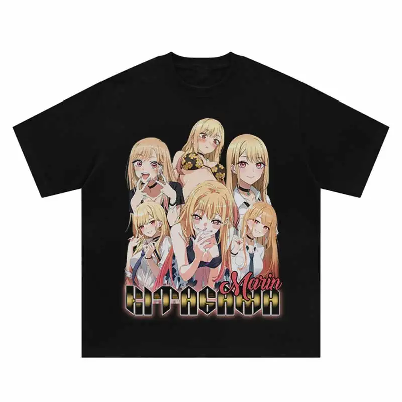 Vintage Tshirt Japanese Anime Cartoon Yellow Hair Girl Print Washed T-Shirt Hip Hop Streetwear 2024 Harajuku Loose Cotton Tops