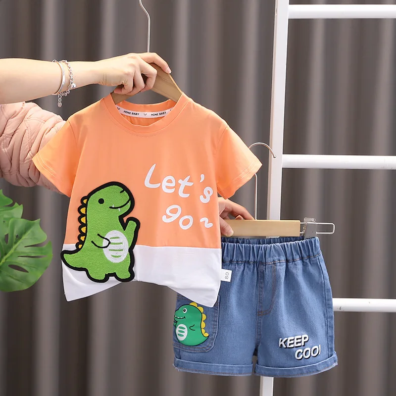 Toddler Clothes 2024 Summer Infant Baby Boys Girls Set Cotton Alphabet Dinosaur Short Sleeve T-shirts and Shorts Sets for Kids