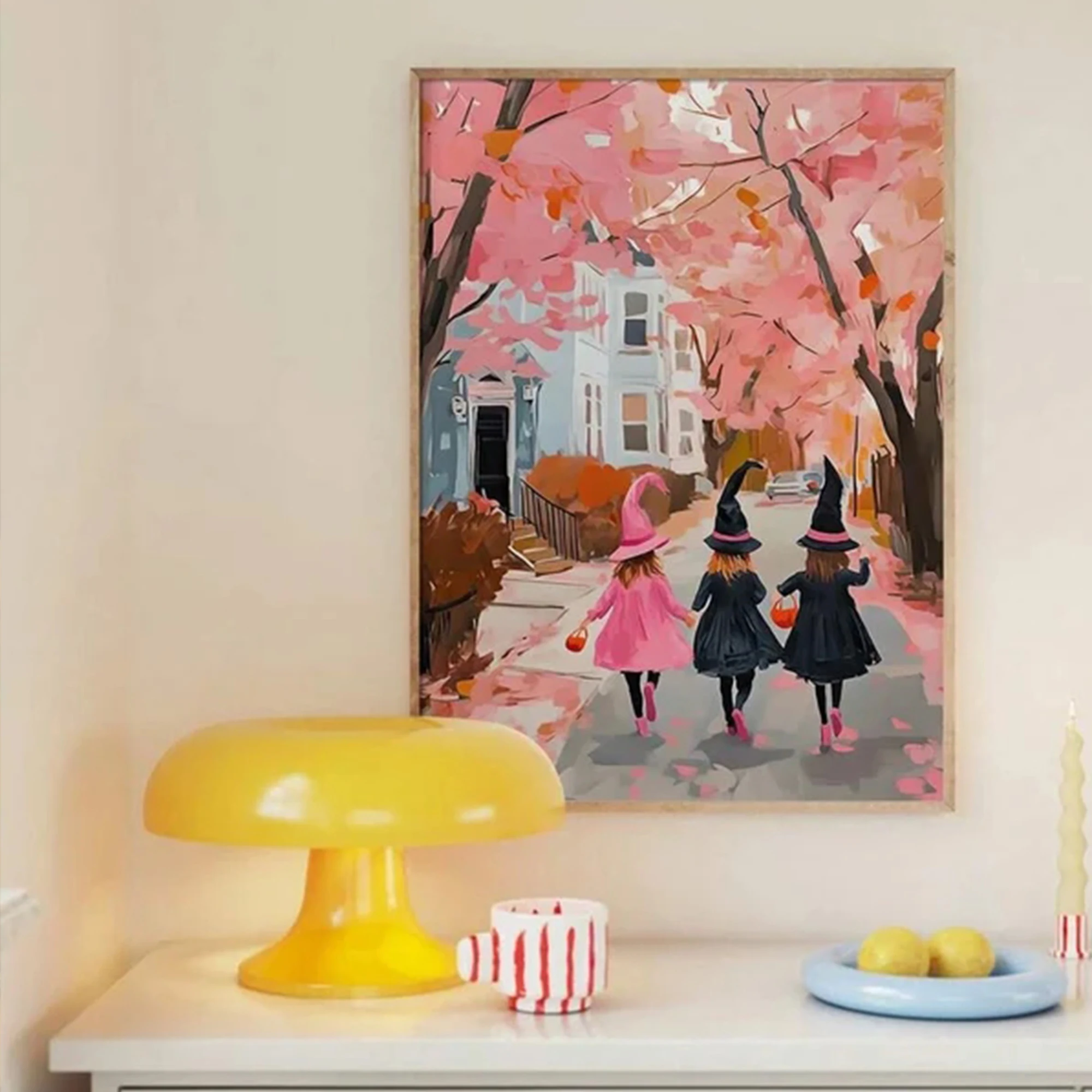 Modern Pink Kids Halloween Witch Wall Art Print Canvas Painting Poster Picture For Living Room,Bedroom Home Decor