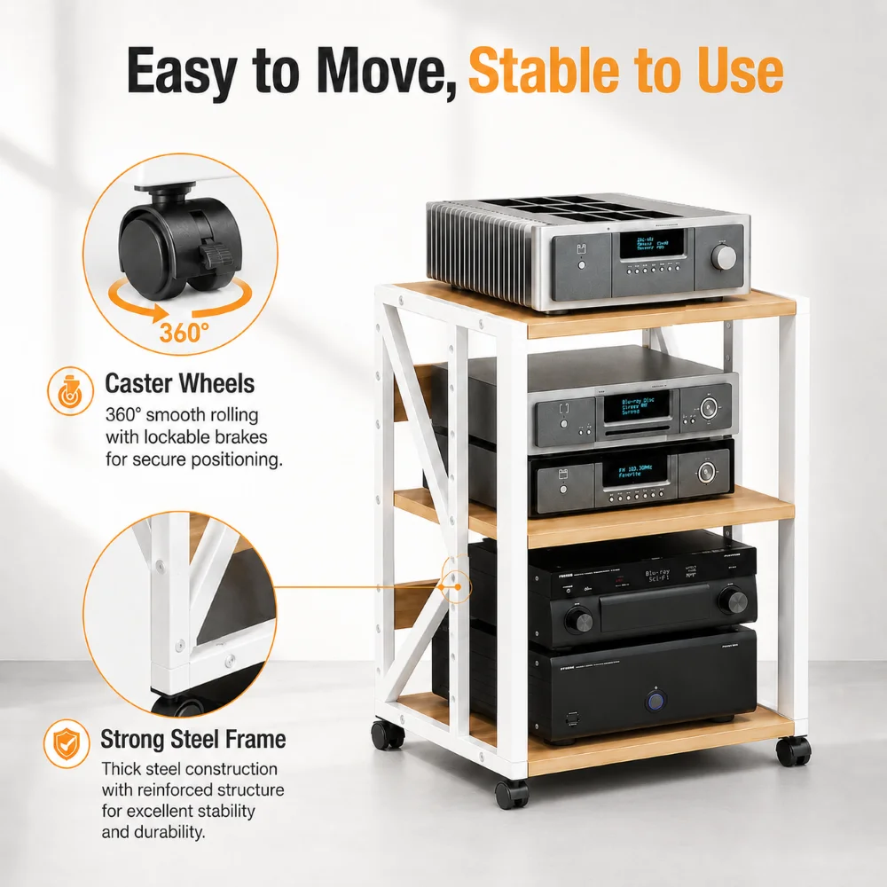 Adjustable 2-5 Tier Audio Rack Steel Frame Media Console E1 Panels Amplifiers Bracket with Wheels For Amp Home Theather Storage