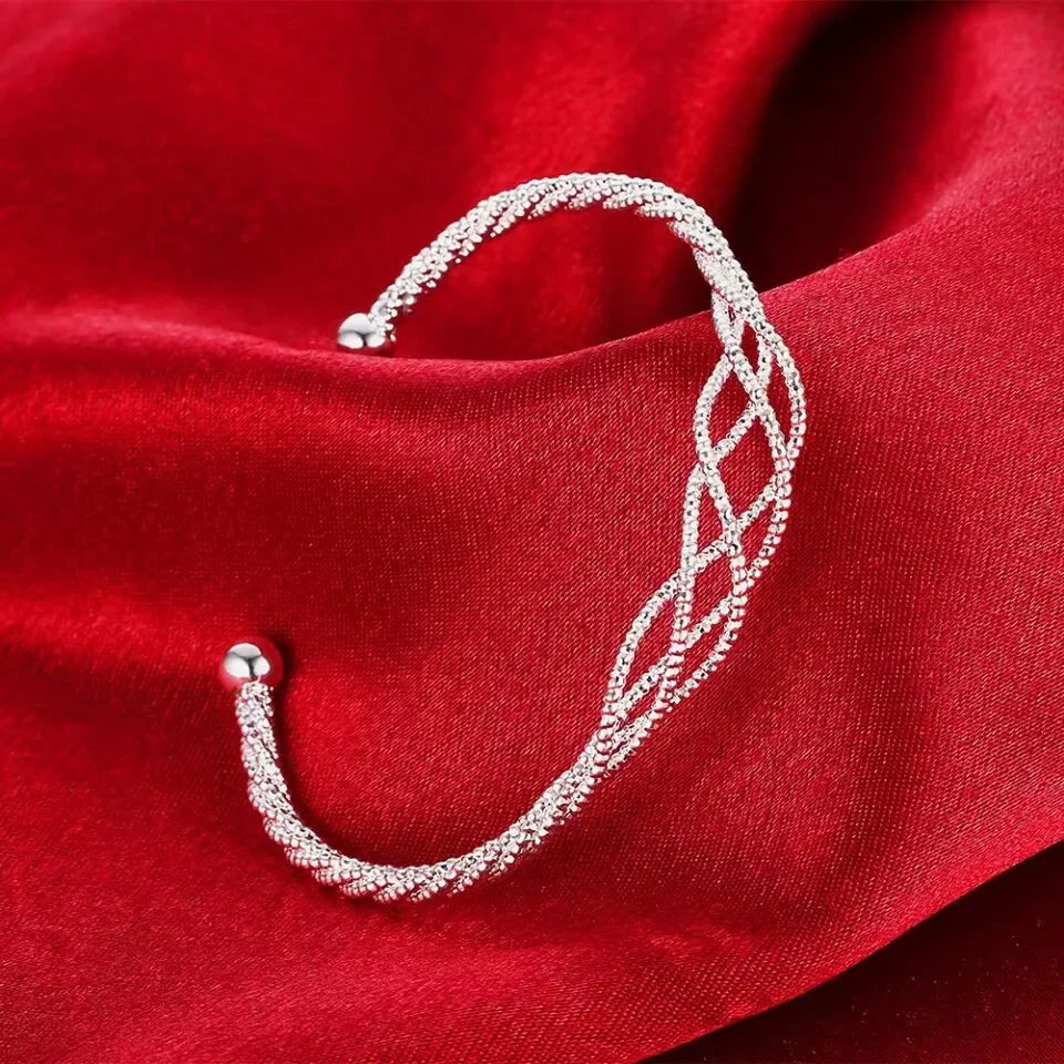 Jewelrytop Adjustable 925 Sterling Silver Bangle Cuff Bracelet Mesh Chain Charms Jewelry For Women Wedding Lovely