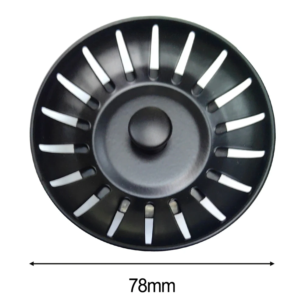 78mm Black Kitchen Sink Replacement Drain Waste Filter Plug- Basin Strain Drainer Stainless Steel Strainer Plug- Kitchen Tools