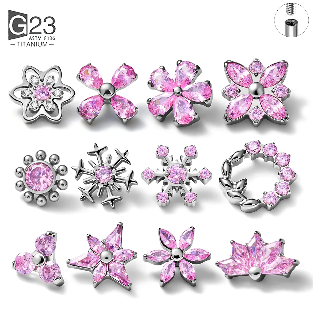 G23 Titanium Labret Lip Stud Pink Zircon Multi‑Shape Flower Snowflake Star Top Internal Thread Cartilage Tragus Piercing Jewelry