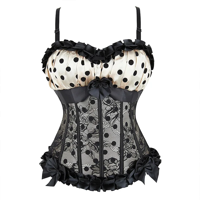 Removable Straps Side Zip Closure Overlay Lace Up Boned Corsets Ruffled Top Polka Dot Corset Bustier Overbust