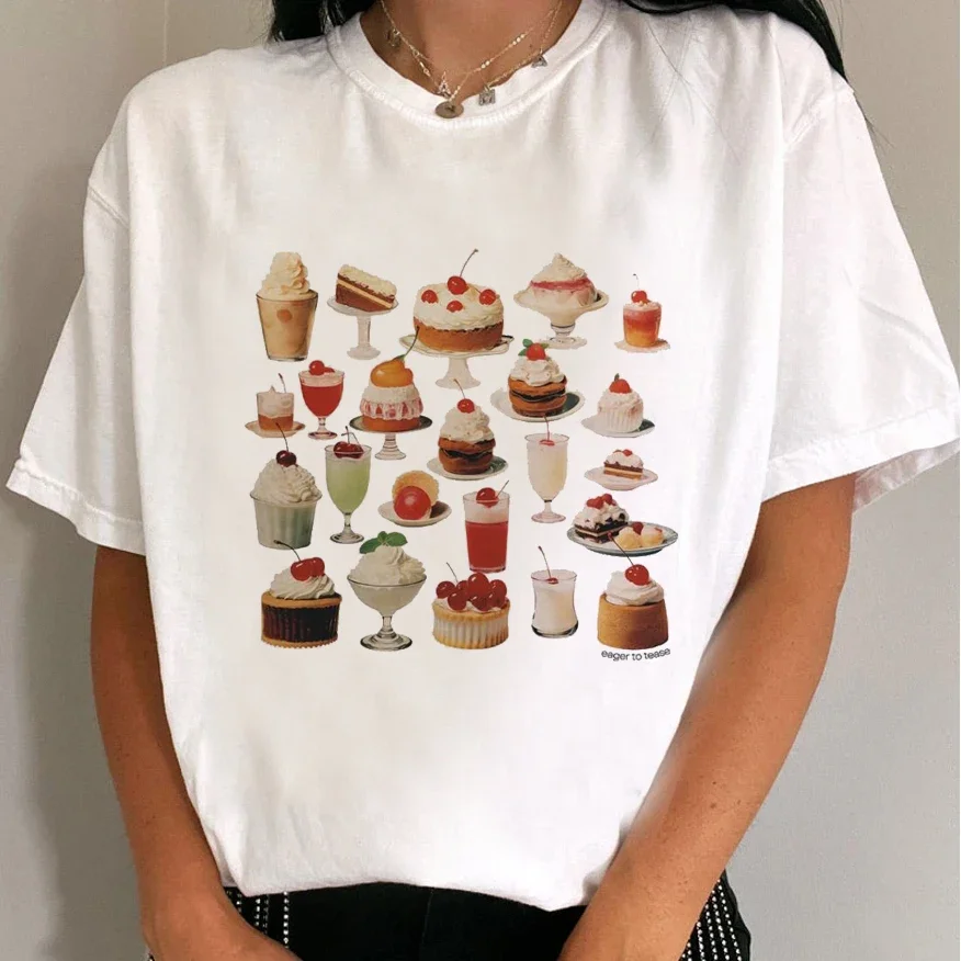 

Женская хлопковая футболка с коротким рукавом, с принтом в виде винтажных тортов