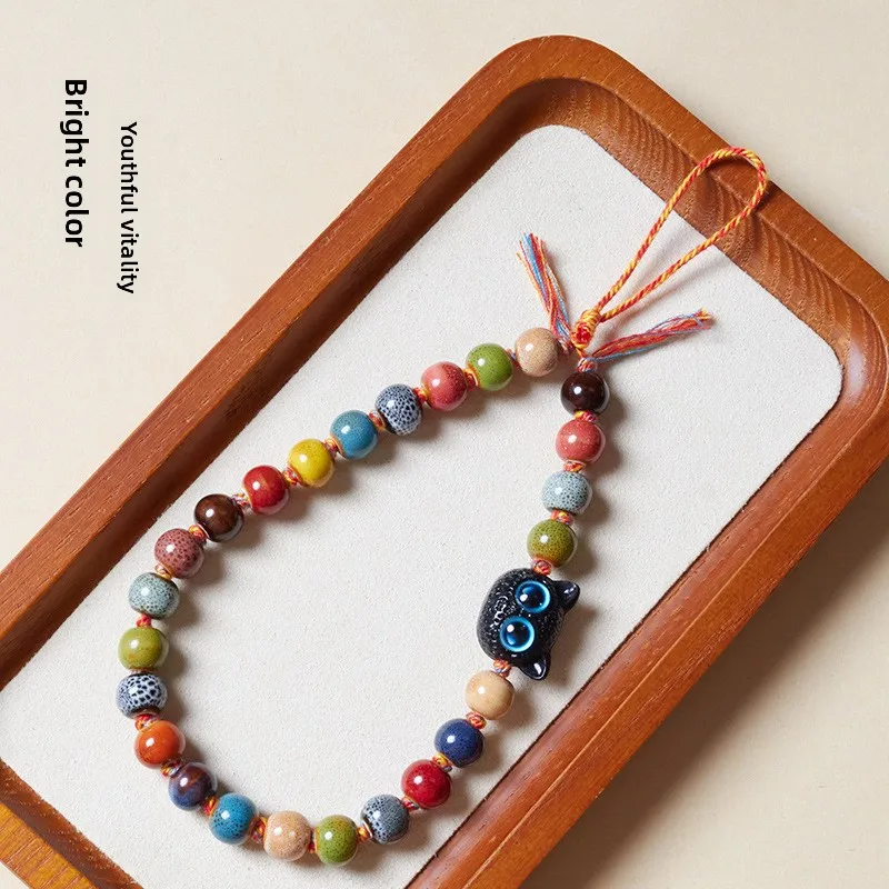 Chinese Style Lucky Colorful Ceramic Black Cat Phone Lanyard Dopamine Beaded Pendant Auspicious Wealth Blessing Ccd Camera Hangi