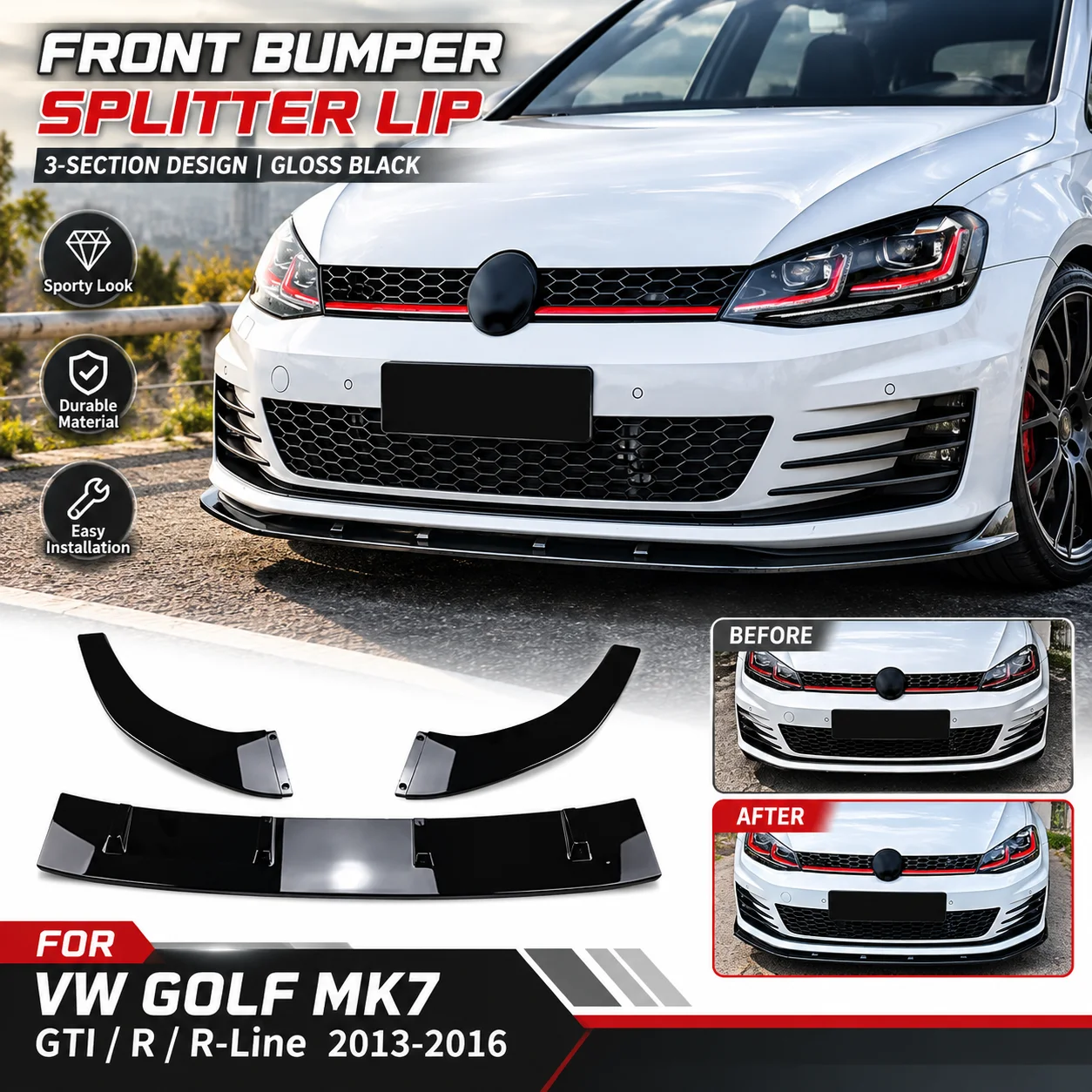 3-częściowy spojler przedniego zderzaka, listwa, osłona, listwa ochronna, błyszczący czarny, do VW Golf MK7 GTI R R‑Line 2013‑2016, dolna osłona pod zderzak, akcesoria do body kitu
