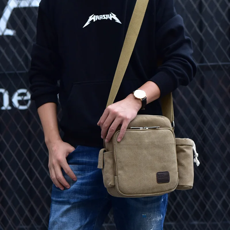 Workwear canvas men's multi-layered casual bag, fashionable men's water bottle storage single-shoulder crossbody bag