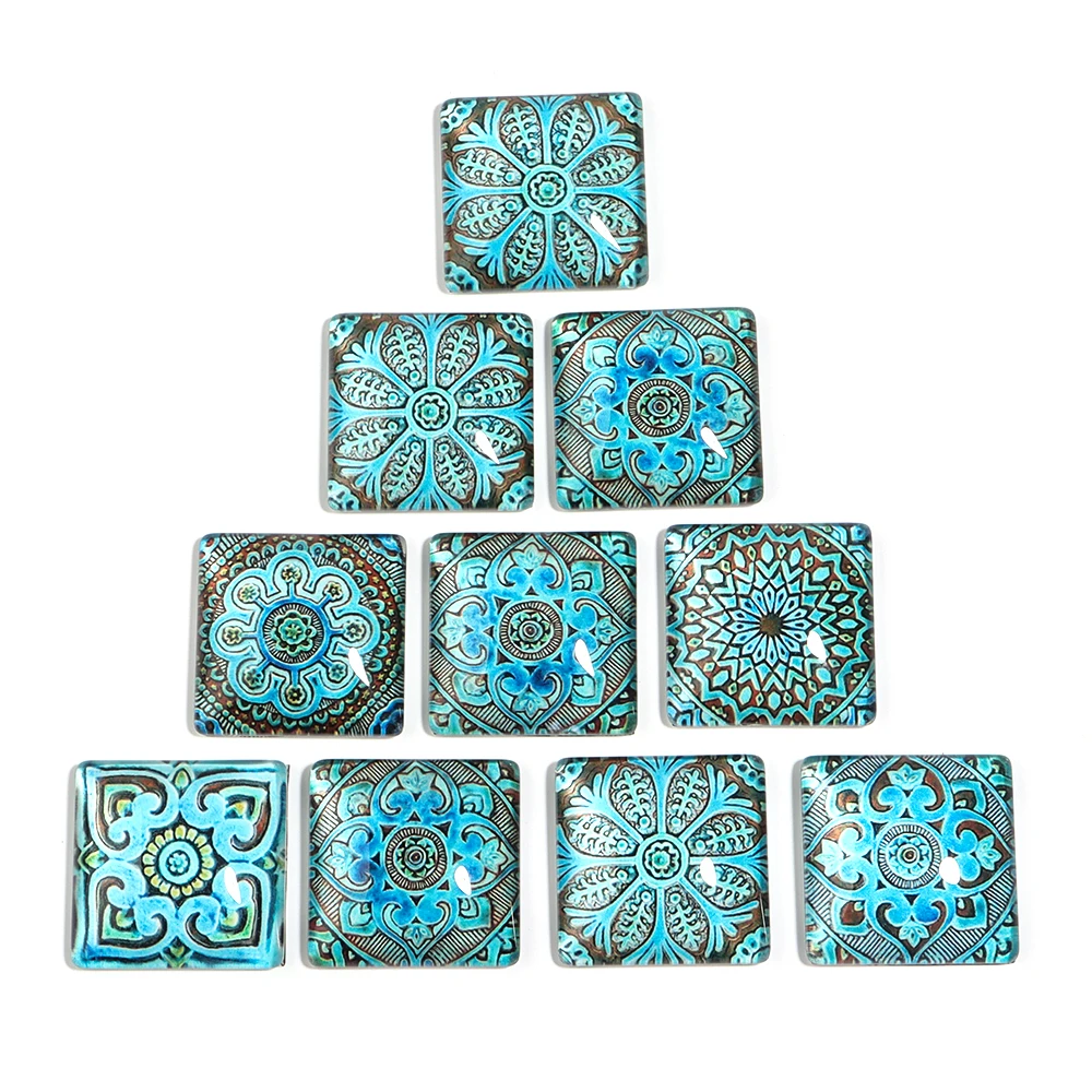 10pcs/lot Vintage Flower Pattern Lampwork Cabochon Beads Square Glass Cabochon Beads For Jewelry Making DIY Earring Neckalce