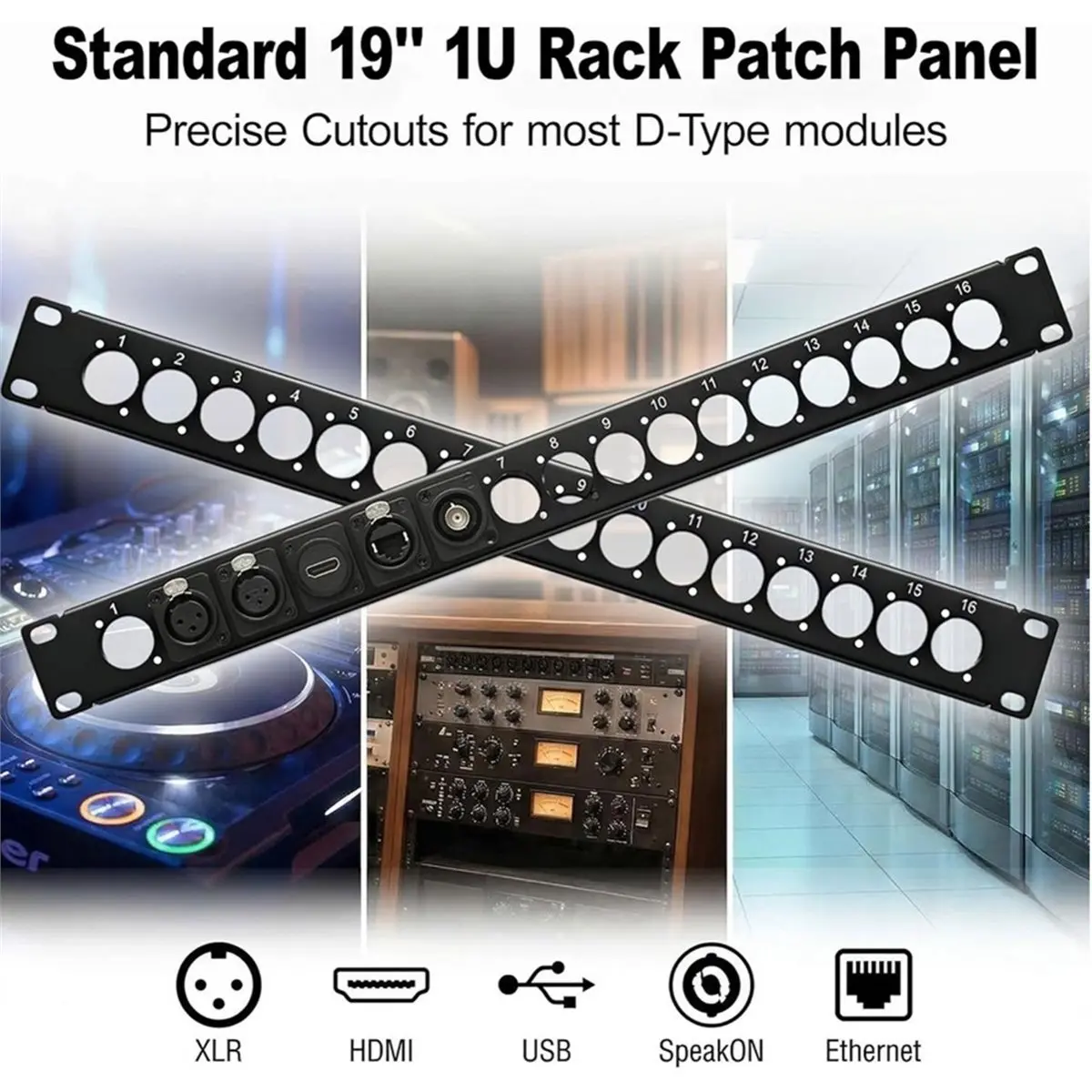DT75BG 2 Packs 1U Rack XLR Patch Panel , Punched Metal Rack Mount Audio Rack Mount Panel 1U16