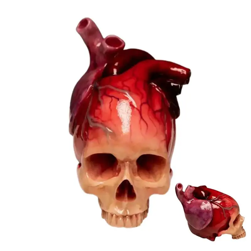 Skeleton Figurines Resin Hand Crafts Statue Heart Skull Halloween Heart Skull Horrible Ornaments For Home Desk Decor Car Display