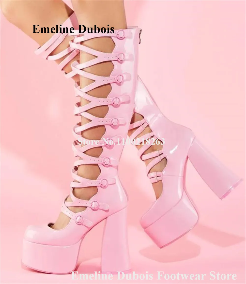 

Cute Pink Leather Thick Heel Long Boots Emeline Dubois Round Toe High Platform Straps Cross Chunky Heel Knee High Boots