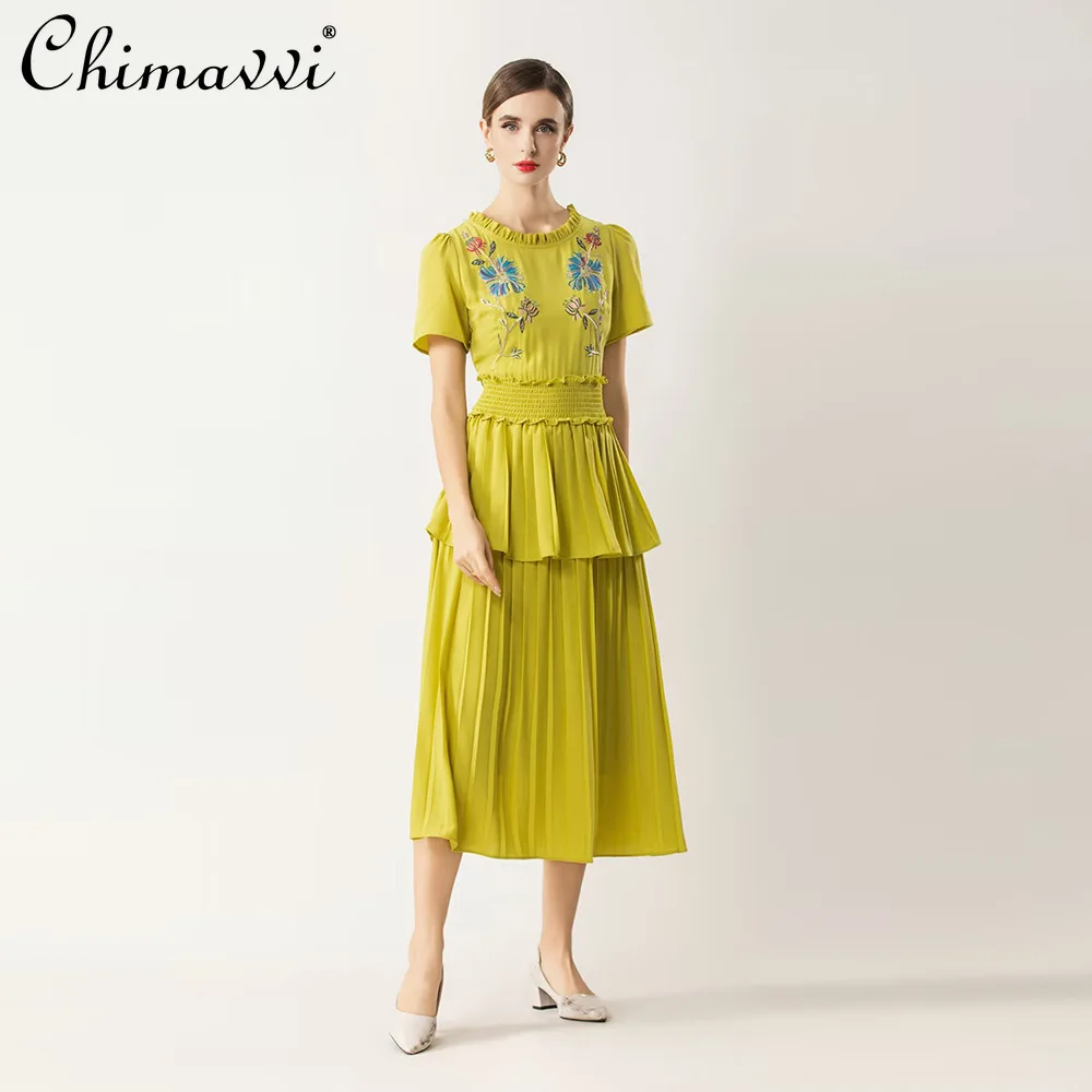 

French Elegant Fashion Heavy Industry Beaded Pleated Elastic High Waist A-line Casual Summer Long Dress For Women Spring 2026