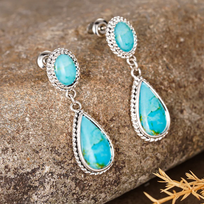 Classical Temperament Water Droplet Earrings Geometric Imitation Turquoise Stickers Accessories Antique Style Jewelry