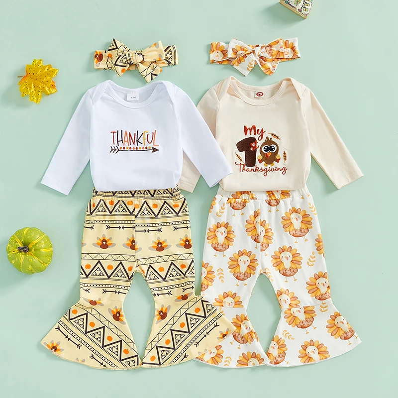 

Baby Girl Thanksgiving Set Letter Long Sleeve Round Neck Romper Turkey Long Flare Pants Hair Band Outfits