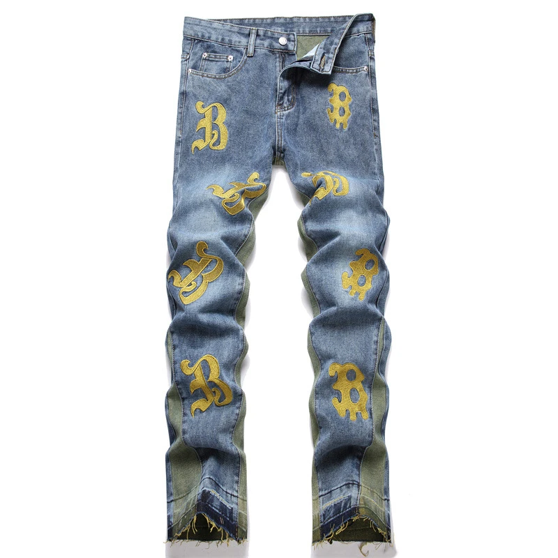 

New Punk Light Blue Jeans Monogram Embroidery Slim Straight Leg Fashion Patchwork Casual Pants