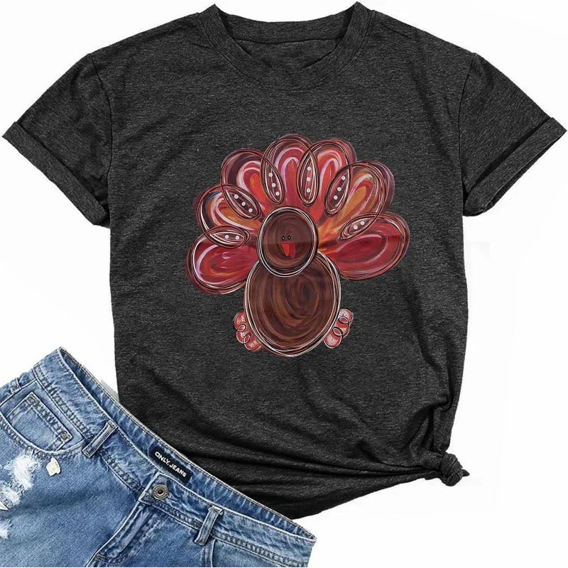 

Thanksgiving Women's Top Fun Turkey Face Pattern Autumn Casual Short Sleeve T-shirt