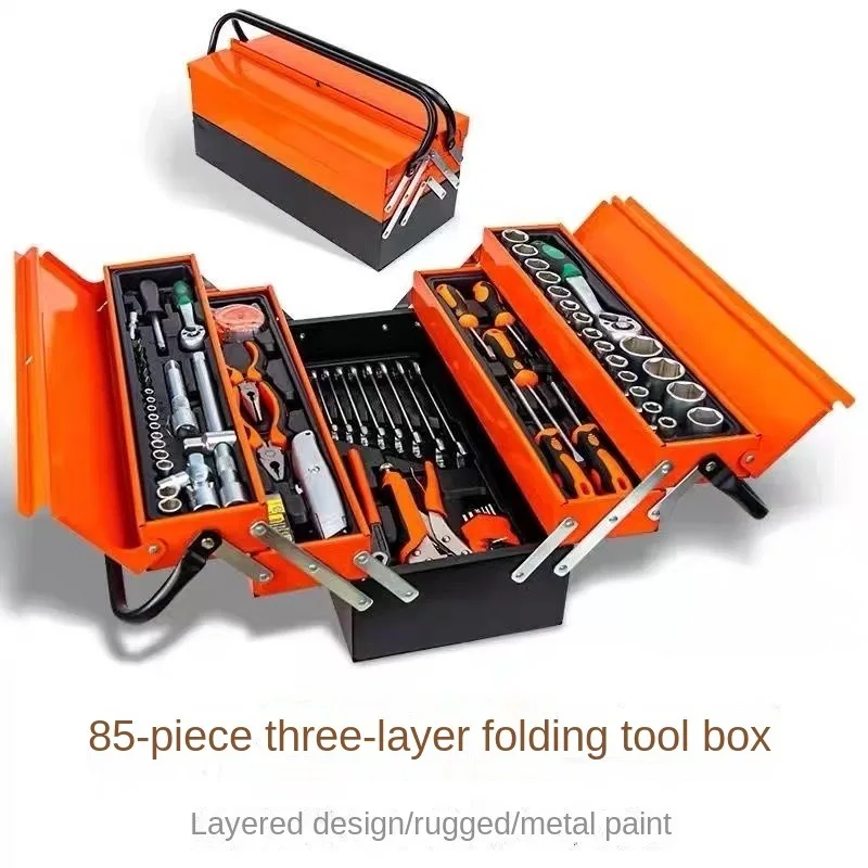 

85 piece set of three-layer folding toolbox, auto repair hardware tools, manual machine repair set, ratchet wrench combination s