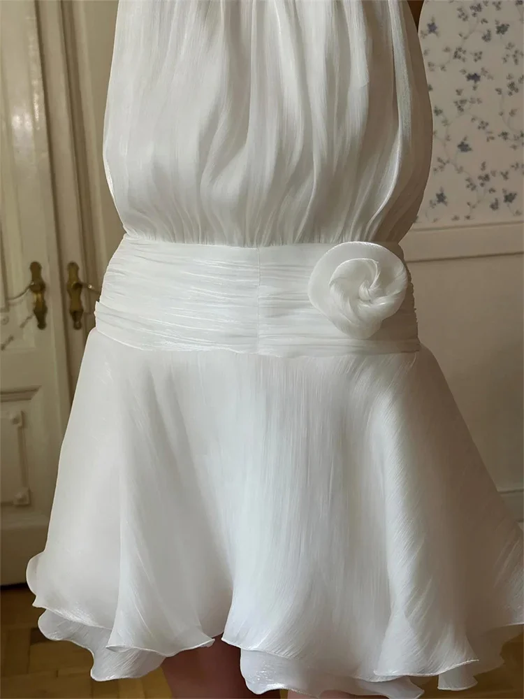 2026 White Summer Chiffon Mini Dress Backless Lace-Up High Waist Sexy Patchwork Party Dress Clothes Women's Floral Halter Dress