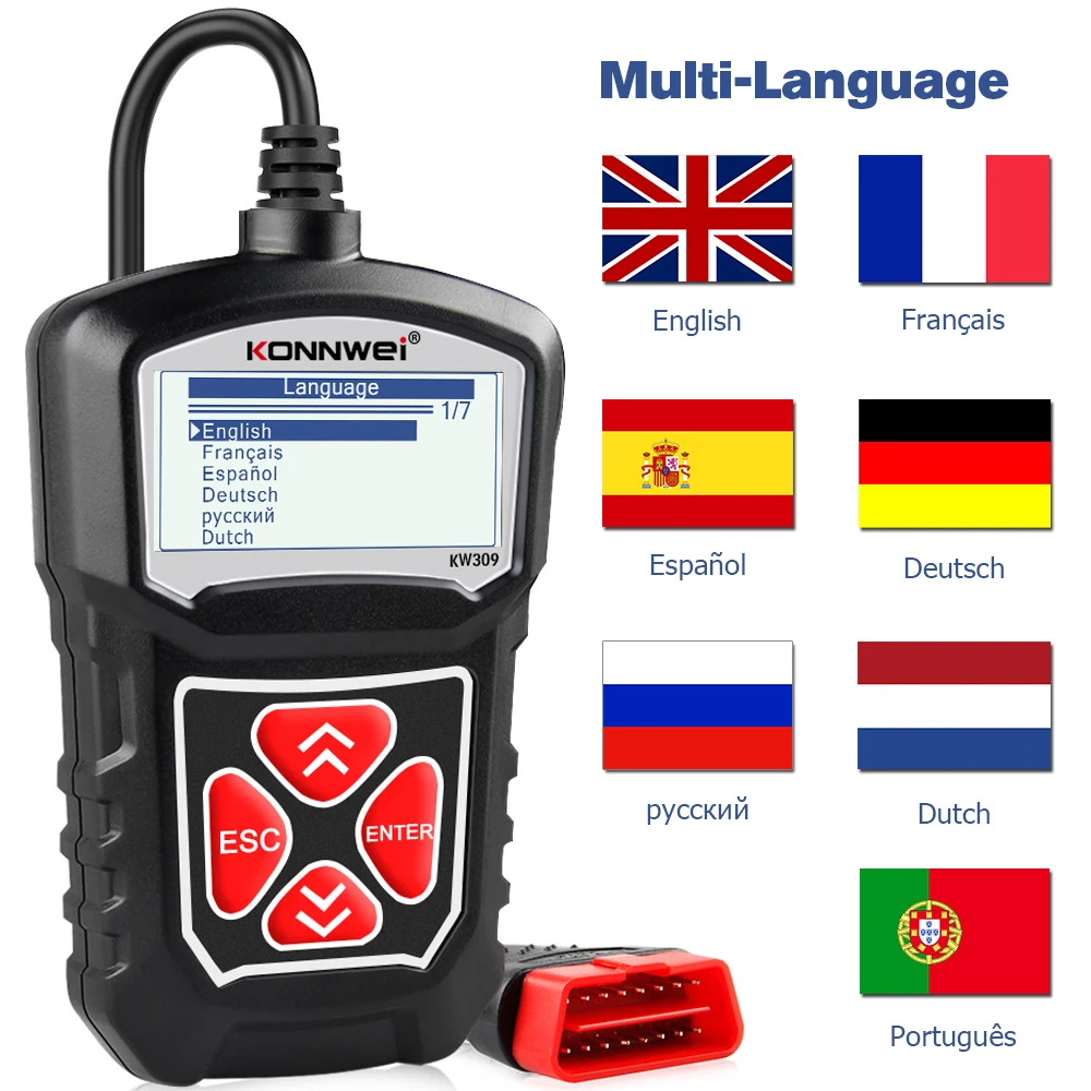 2026 KONNWEI KW309 أداة تشخيص الماسح الضوئي obd2 للسيارات 12 فولت EOBD رمز خطأ البيانات الحية قراءة أداة تشخيص المسح PK Elm327