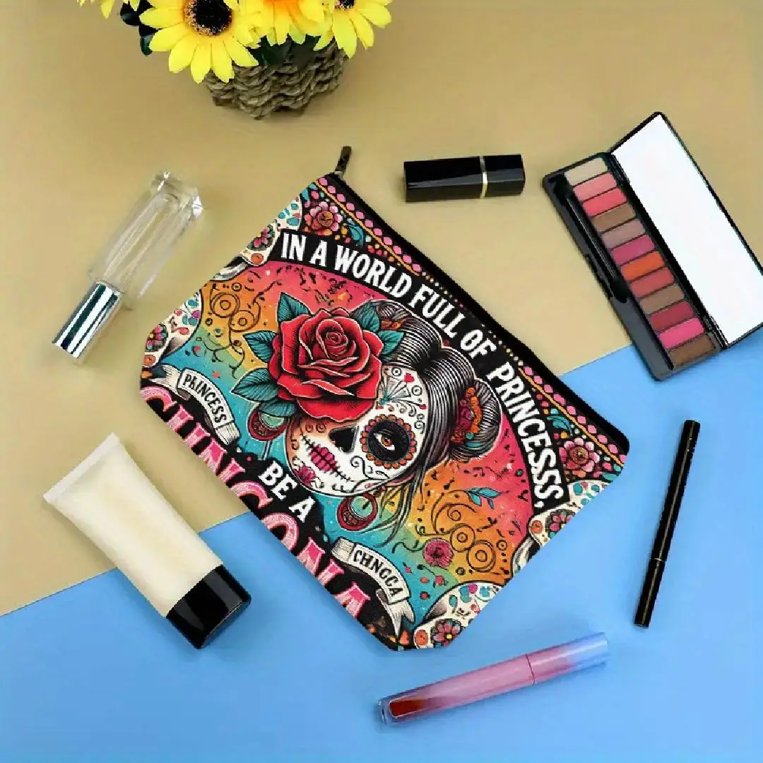 花と頭蓋骨の化粧品バッグ - 女性用のかわいい多機能ジッパーポーチ、ジュエリー収納バッグ