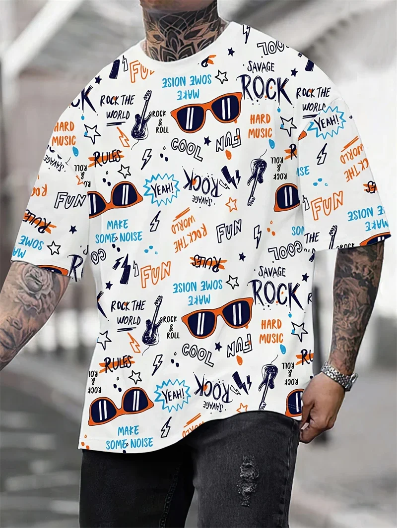 Herren-T-Shirt mit Rockmusik-Print, kurzärmelig, Rundhalsausschnitt, lässiges, übergroßes Streetwear-Oberteil