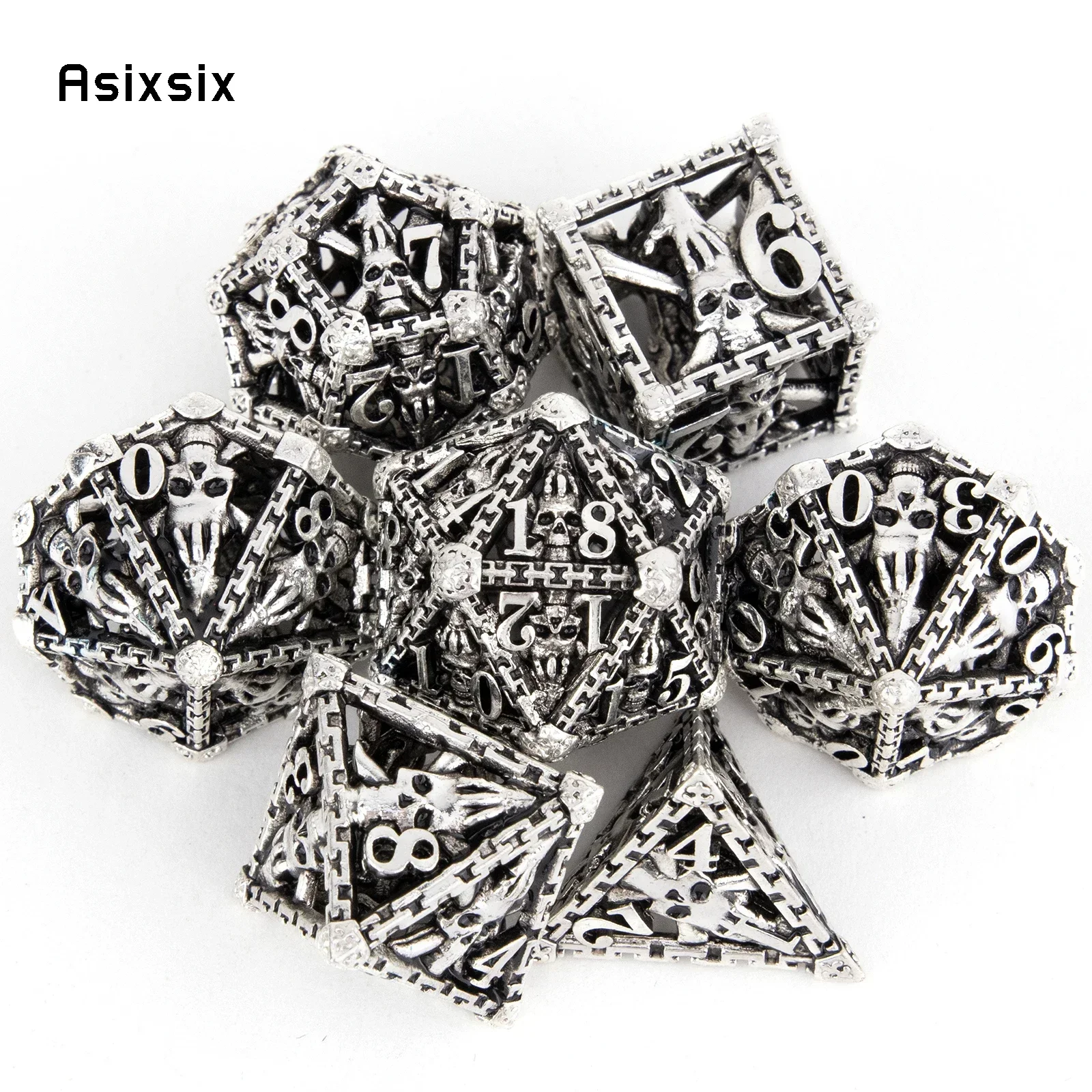 

Metal Dice, Perfect For Tabletop Rpgs And Card Games 7 Pcs Silver Hand Skull Head Metal Dice Hollow Metal Polyhedral Dice Set Su
