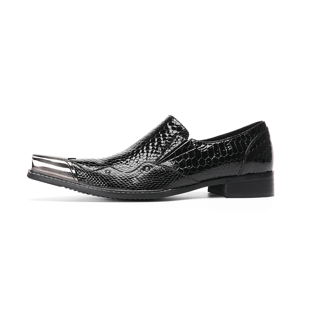 A Men Italian Slip‑on Dress Shoes Snake Skin Real Leather Metal Pointed Toe Low Heel Western Cowboy Man Footwear For Bar Party