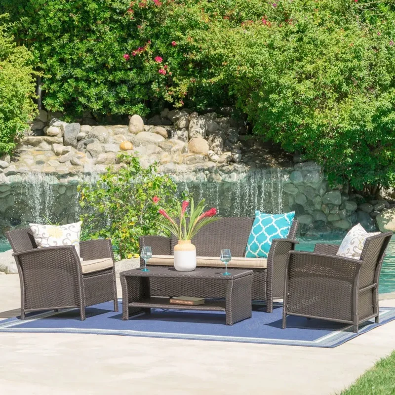 4-Piece Outdoor Wicker Patio Conversation Furniture Set with Coffee Table and Cushion for Backyard or Gazebo