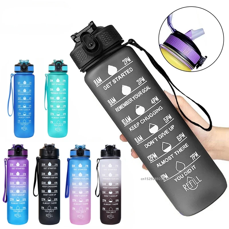 1 Liter Large Capacity Sports Water Bottle Leak Proof Colorful Plastic Cup Drinking Outdoor Travel Portable Gym Fitness Jugs