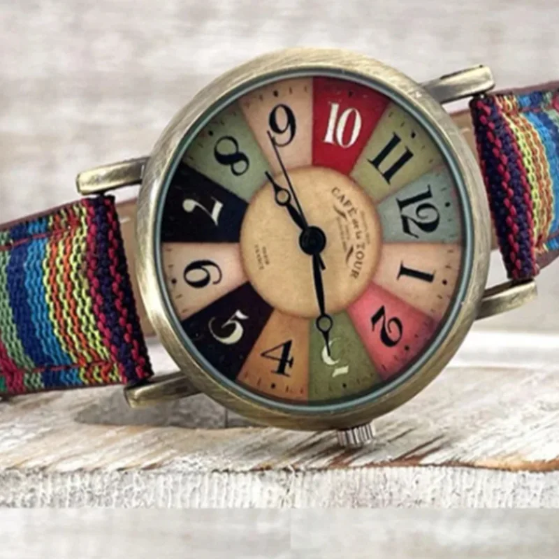 Vintage Multicolor Rainbow Pattern Watch, Bohemia Ethnic Style Women's Colorful Quartz Wristwatch Jewelry Gift