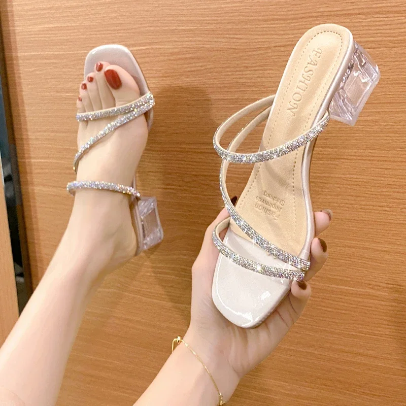 Shoes Slippers Women's Summer High Heel Mules Square Heel Jelly Strap Combination High 2023 Block Glitter PU Pumps Sexy 35-41