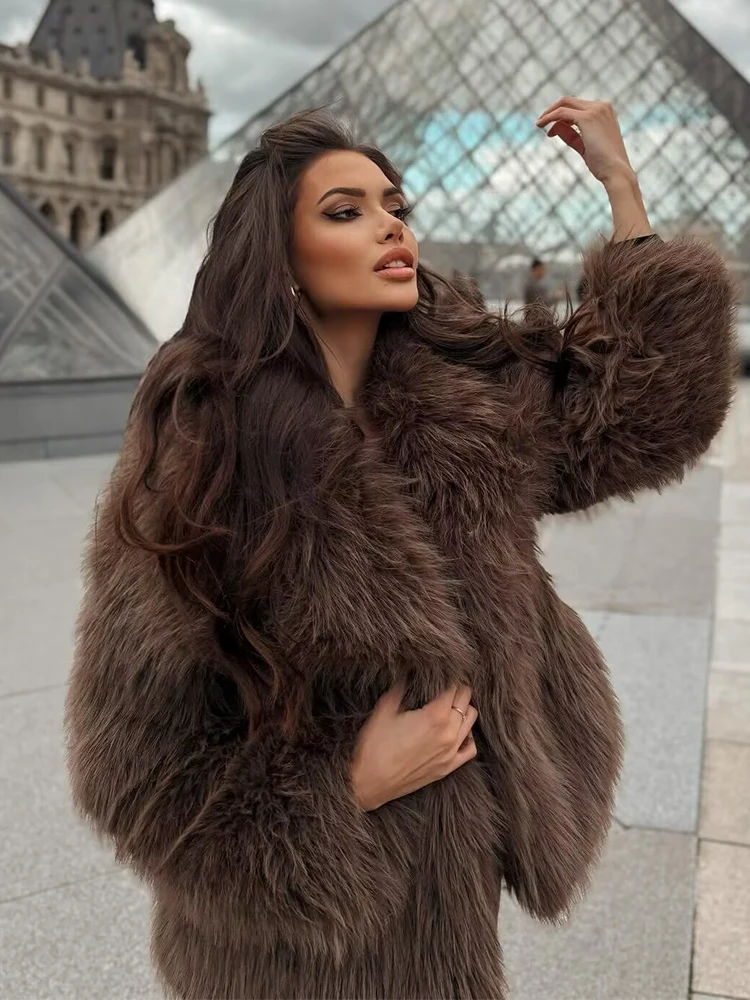 

Chic Fashion Faux Fur Winter Jacket Women Vintage Lapel Neck Long Sleeves Fluff Warm Jackets Coat Female Casual New Outerwear
