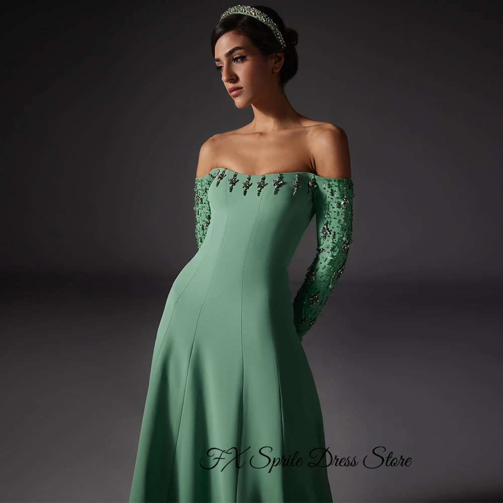 Green Jersey A-Line Evening Dress Long Sleeves Off the Shoulder Party Gowns Zipper Back Customized Beading Crystal Prom Dresses