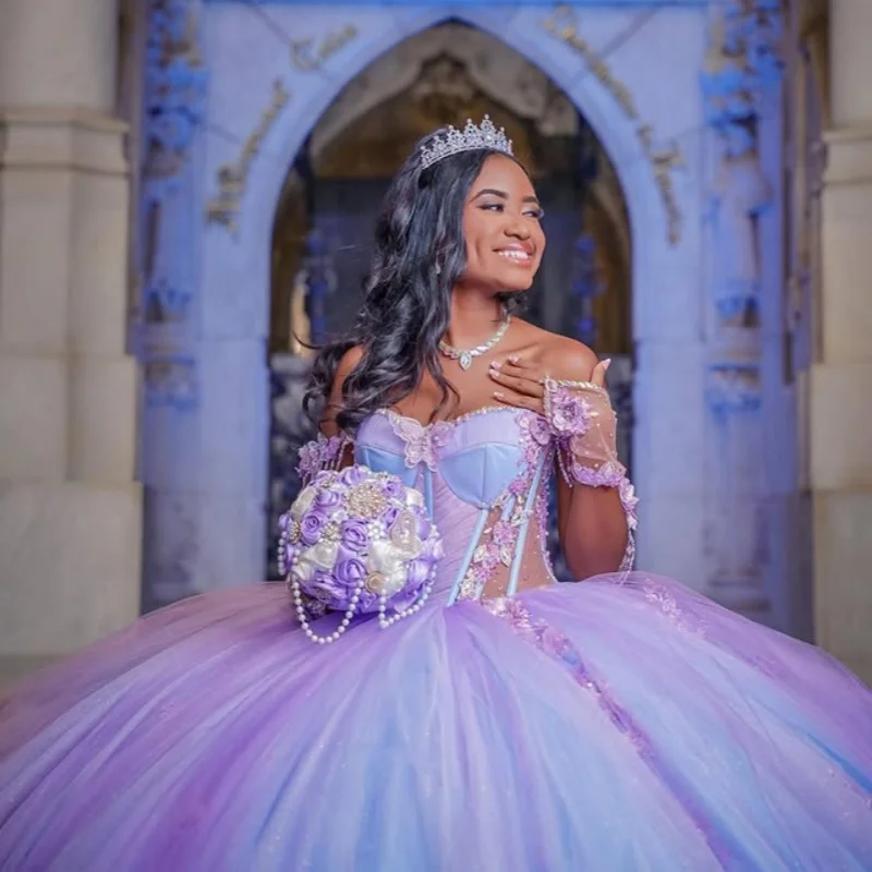 

Фиолетовые платья Quinceanera по индивидуальному заказу с открытыми плечами и аппликацией с 3D цветком из тюля с длинным хвостом Vestido 15, Quinceanera