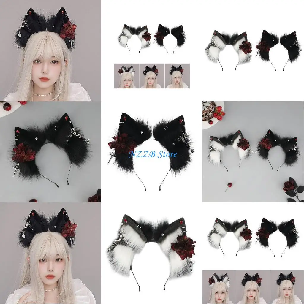 T21F الطلاب العرقيين للجنسين التقطت الصور هيرباند مع زهرة وحلق الديكورات الذئب الأذن رباطات الكرتون هالوين الشعر هوب