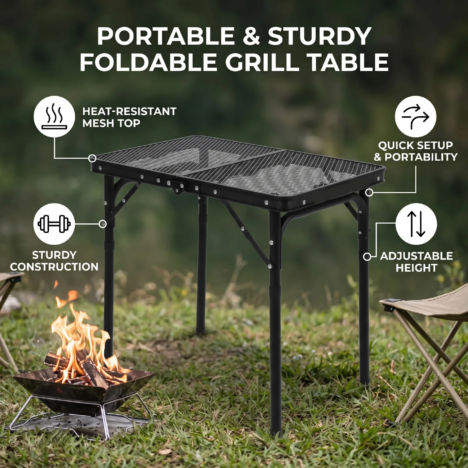 Foldable Grill Table Camping Table with Heat-proof Mesh Top Portable Aluminum Adjustable Height Outdoor Table for BBQ Picnic