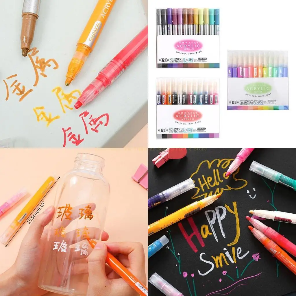 12 สีสีอะคริลิคสีปากกาสำหรับเซรามิกแก้วแก้วพอร์ซเลนแก้วไม้ผืนผ้าใบ