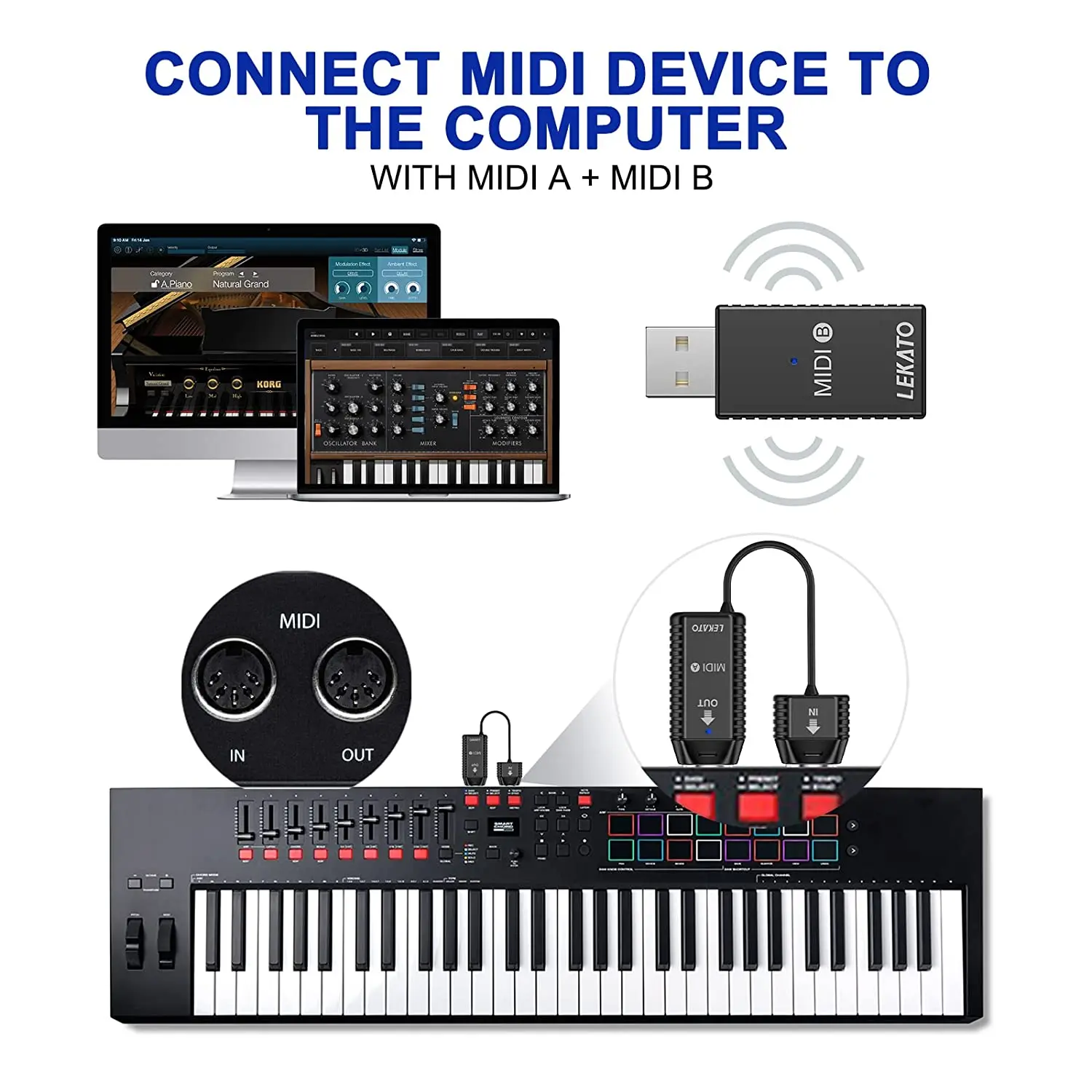 Lekato Wireless Midi Adapter Midi To Wireless Messages Transmission 5 Pin for Ewi Keytar Digital Piano Keyboard To Midi Devices