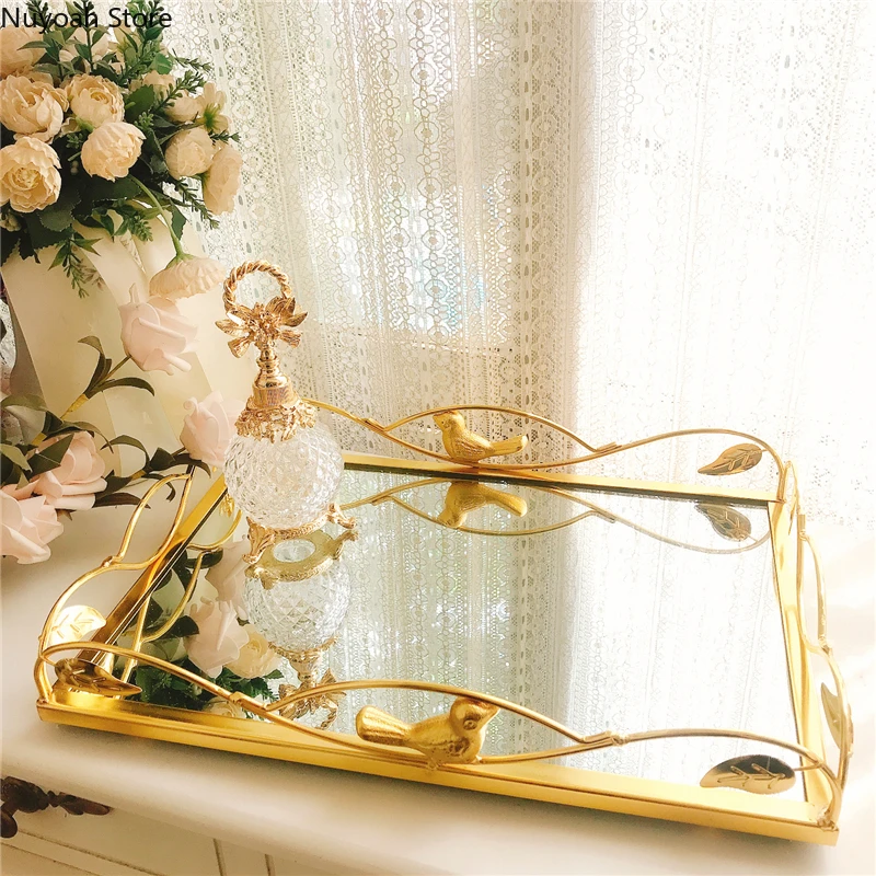 

Luxury Golden Bird Tray Mirror Glass Metal Storage Tray Home Decoration Bathroom Decoration Creative Living Room Display Tray