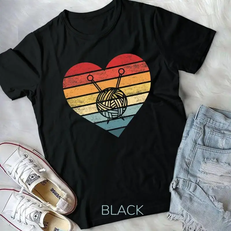 Womens Knitting Crochet Lover Gifts Retro Sunset Yarn Funny Unisex T shirt
