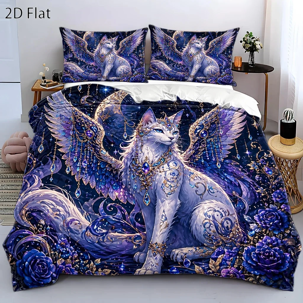 3Pc Dreamy Starry Sky Winged Cat Duvet Cover Set, Three-Piece Bedding Set (1*Duvet Cover + 2*Pillowcases), Suitable for All Seasons, Machine Washable, Invisible Zipper Double Bed Cover, Suitable for Home, Dormitory, Master Bedroom, Guest Room, Large Size Bedding Set, Luxurious Gemstone Bedding, Fantasy Art Style Bedding Set, European and American Best-Selling Three-Piece Bedding Set, Exquisite Pattern Duvet Cover and Pillowcase Combination