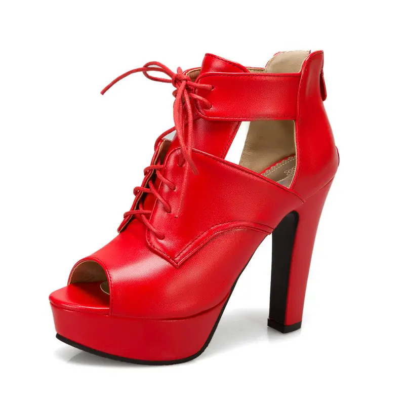 

Heels Big Size 46 47 48 49 50 Peep Toe Lace-up Cross-tied Mature Punk Women Summer Boots Shoes Platform Block High Heels Sandals