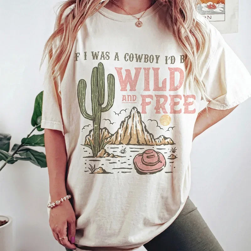 Sommer Frauen Übergroße Vintage Western T-Shirts Cowgirl Wild Free Desert Cactus Grafik T-shirt Nette Country Musik Tees Retro Top