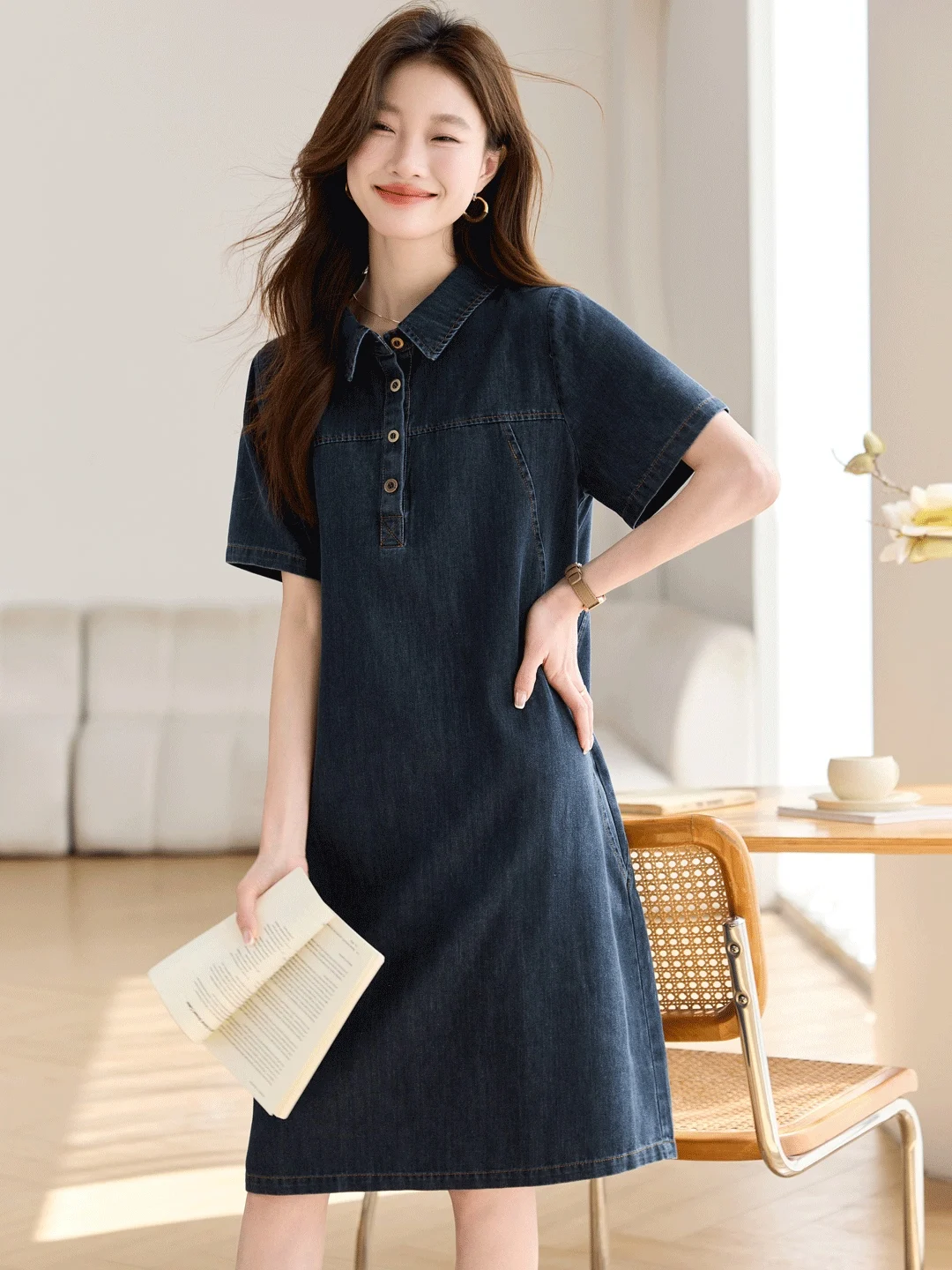 Casual Denim Dress Women's Summer 2026 New Loose Slimming Commute Anti-aging Elegant Shirt Dress Comfortable Polyester Blend