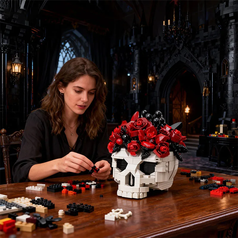 MOC Skull Rose Flower Pot DIY Building Blocks Creative Gifts for Kids Adults Halloween Dark Romance Home Decor Model Kits Toys