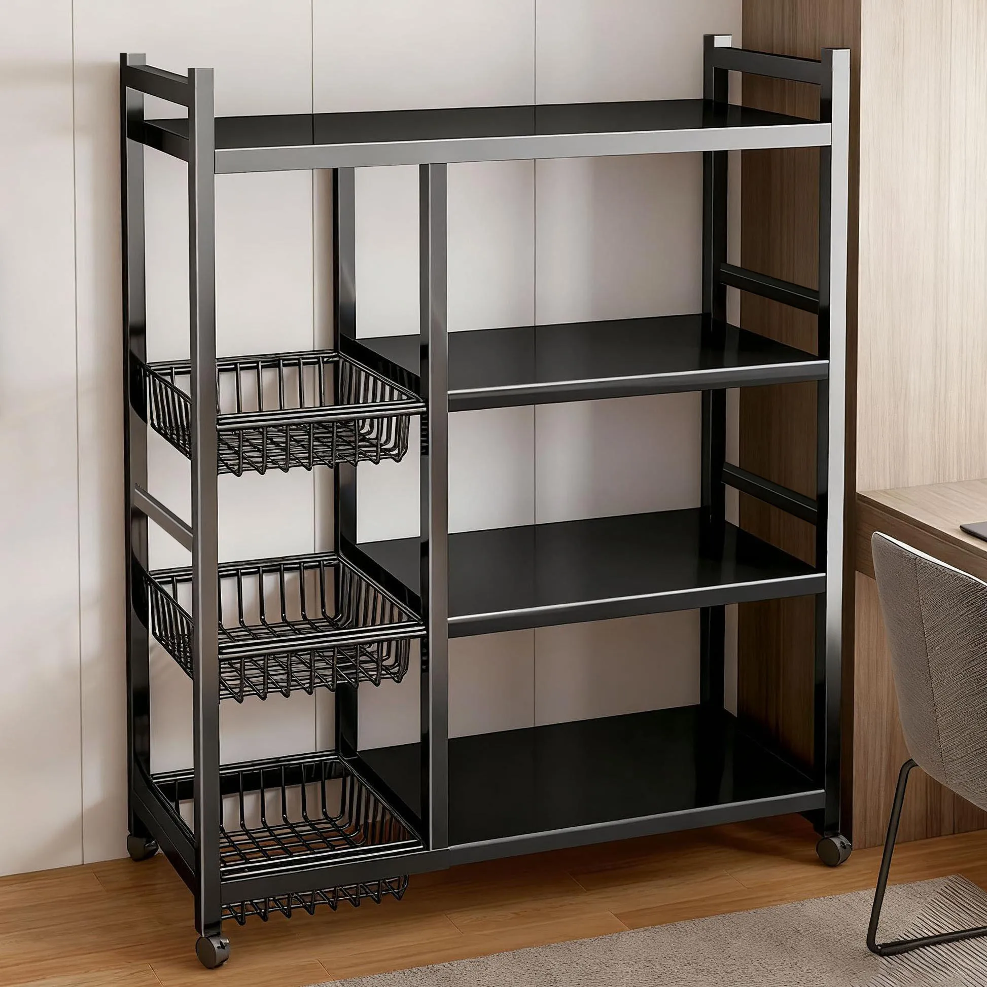 

Мобильная стеллажная система для хранения, 4-ярусная регулируемая кухонная полка с 3 проволочными корзинами, органайзер для кухни, металлическая, на колесиках