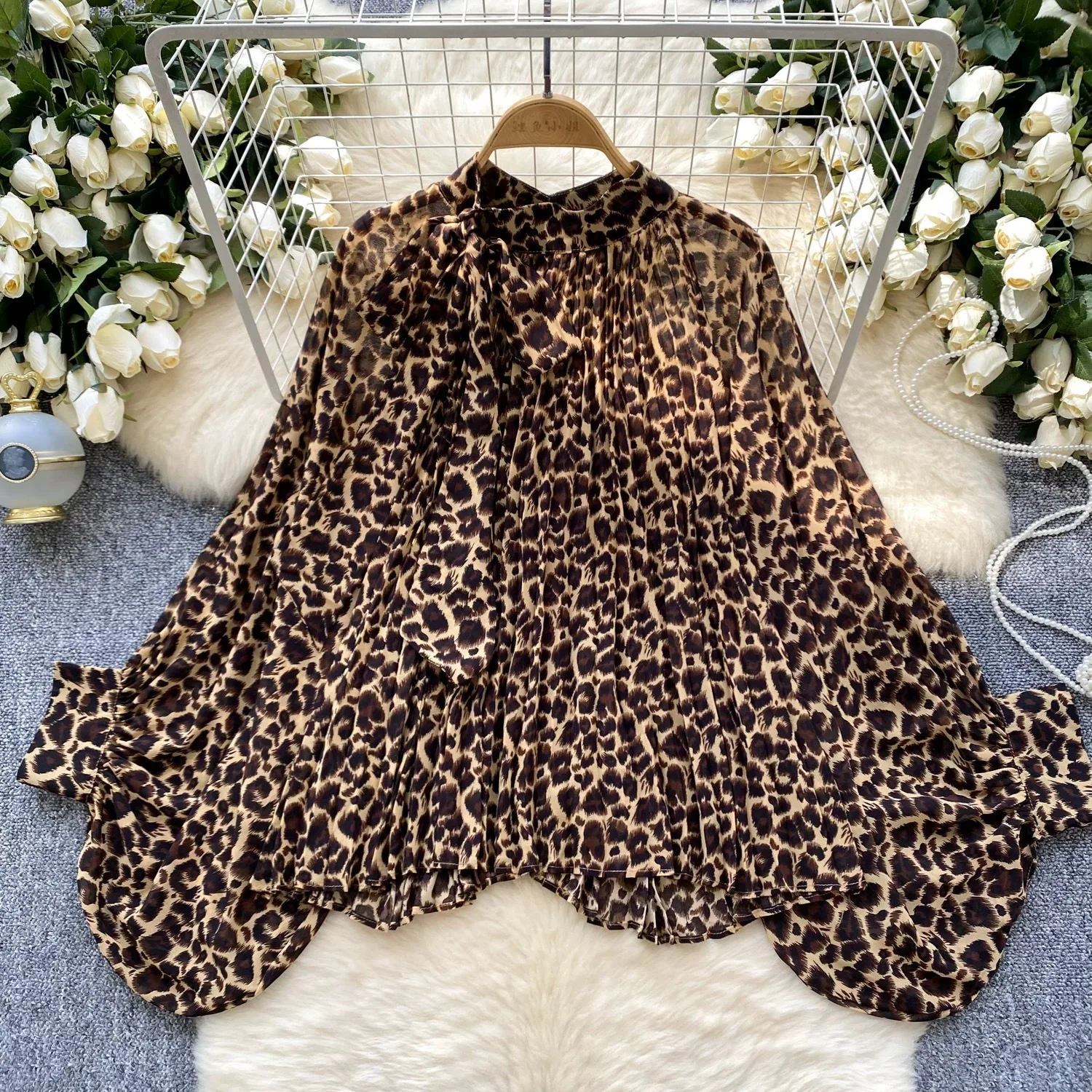 

Blouse Women Wave Point Top Round Collar Bow Lace Up Casual Blouses Lantern Sleeve Chiffon Tops Office Lady Spring Summer 2026