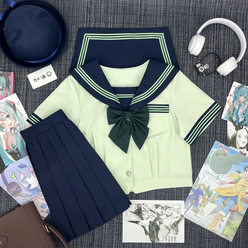 プレッピーグリーン3ストライプ関西襟セーラーjk制服、日本の大学制服、キャンパスデイリーカジュアルウェア＆アニメコスプレ用